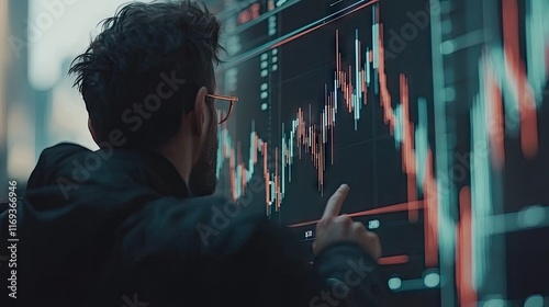 A man analyzes stock market data on a large interactive display. Ideal for fintech apps, trading platforms, or financial news websites.