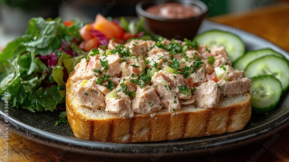 Grilled bread with tuna salad, side salad, and cucumber. Grilled bread with tuna salad, side salad, and cucumber.