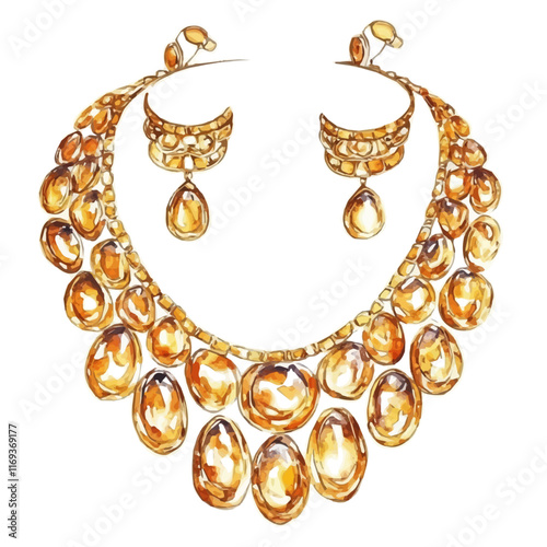 A watercolor vector painting of a luxury gold necklace and earrings set, isolated on a white background. Luxury gold jewelry set vector.

