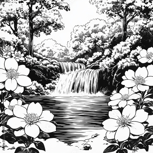 Secluded Garden Hidden Waterfall Bloomin Coloring photo