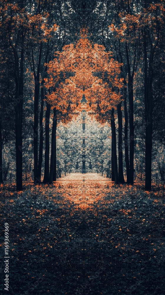 Fototapeta premium Autumnal Symmetry: A Mirrored Forest Path
