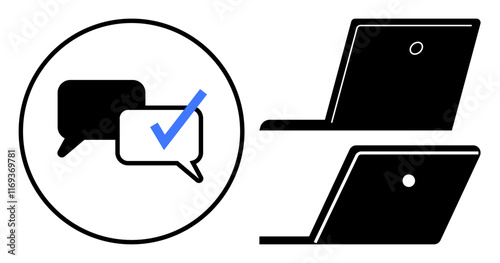 Two chat bubbles with a checkmark and two laptop icons. Ideal for communication, remote work, digital meetings, online collaboration, customer service, social media, educational platforms, abstract