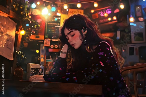 Captivating Karaoke Performer Captivates Audience with Melancholic Folk Song in Cozy Cafe Setting