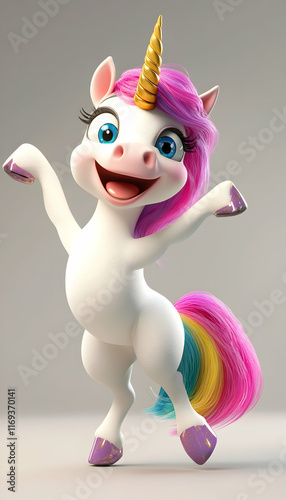 Fun and vibrant 3D cartoon unicorn posing joyfully photo