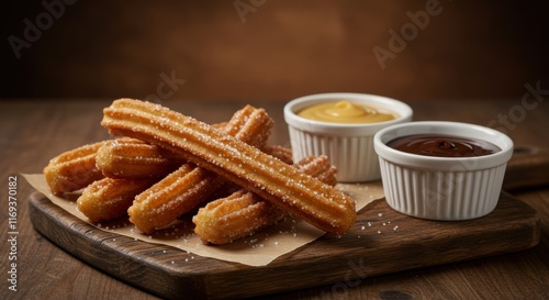 Homemade churros served with a trio of dipping sauces chocolate caramel and vanilla