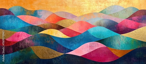 Abstract colorful landscape painting of rolling hills and mountains at sunset.