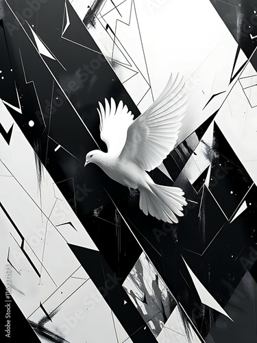 Stunning White Dove in Abstract Geometry: Elegant Grayscale Art