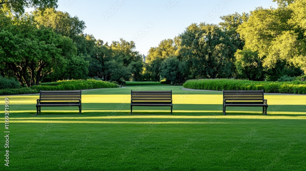 Obraz premium Relaxing spot with three benches near green bushes, perfect for enjoying nature in the bustling city under natural light