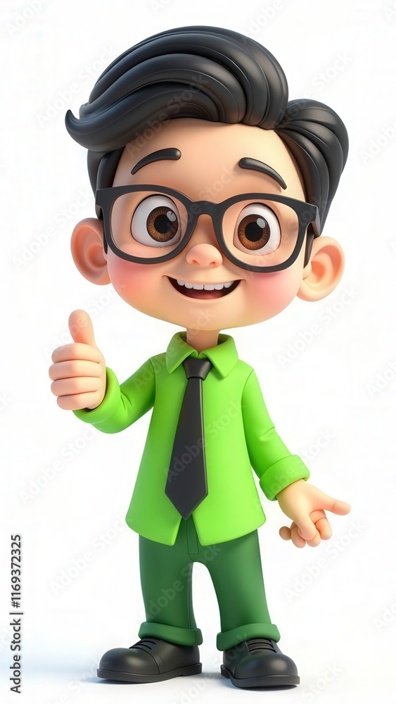 Smiling cartoon businessman showing thumbs up sign wearing green shirt and tie Smiling cartoon businessman showing thumbs up sign wearing green shirt and tie