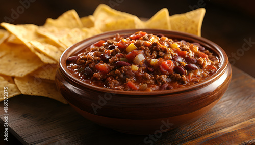 Chili Con Carne in bowl with tortilla chips on dark background. Mexican cuisine