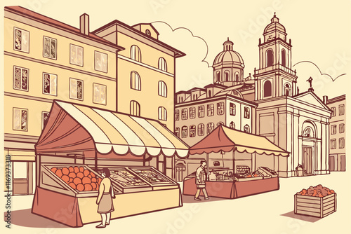 Busy Market Square A lively market square with vendors selling colorful produce and goods, surrounded by historic buildings. The style is detailed realism with a warm, vibrant color palette