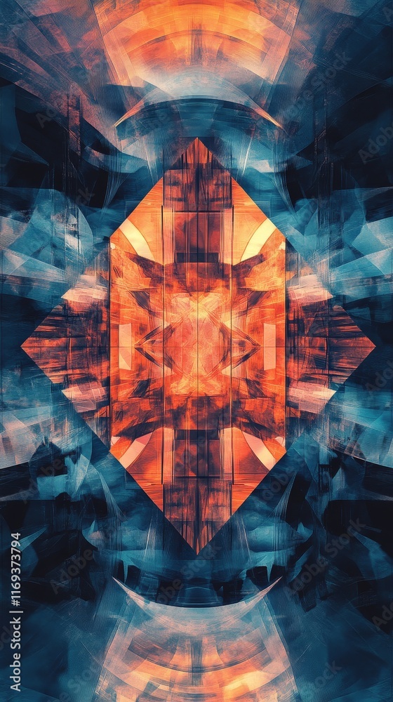 Naklejka premium Abstract Geometric Digital Art: A Symphony of Orange and Teal Hues
