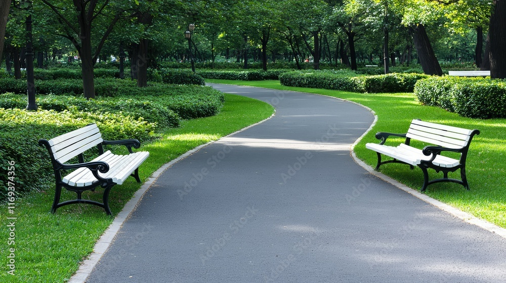 Two white benches sit in a tranquil park, each adorned with a black bag, creating a serene atmosphere among lush greenery. Two white benches sit in a tranquil park, each adorned with a black bag, creating a serene atmosphere among lush greenery.