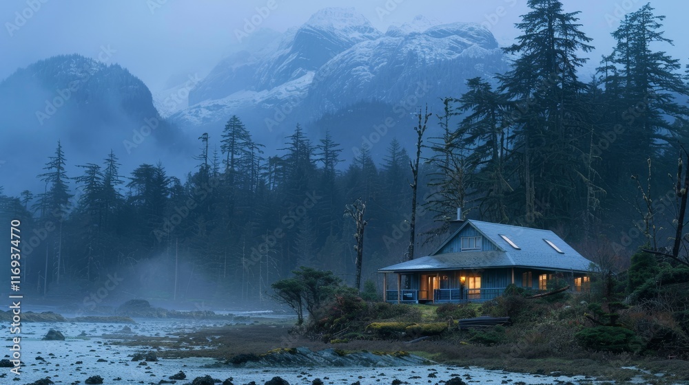 Fototapeta premium Charming rustic cabin nestled in lush green forest and majestic mountains during enchanting dusk