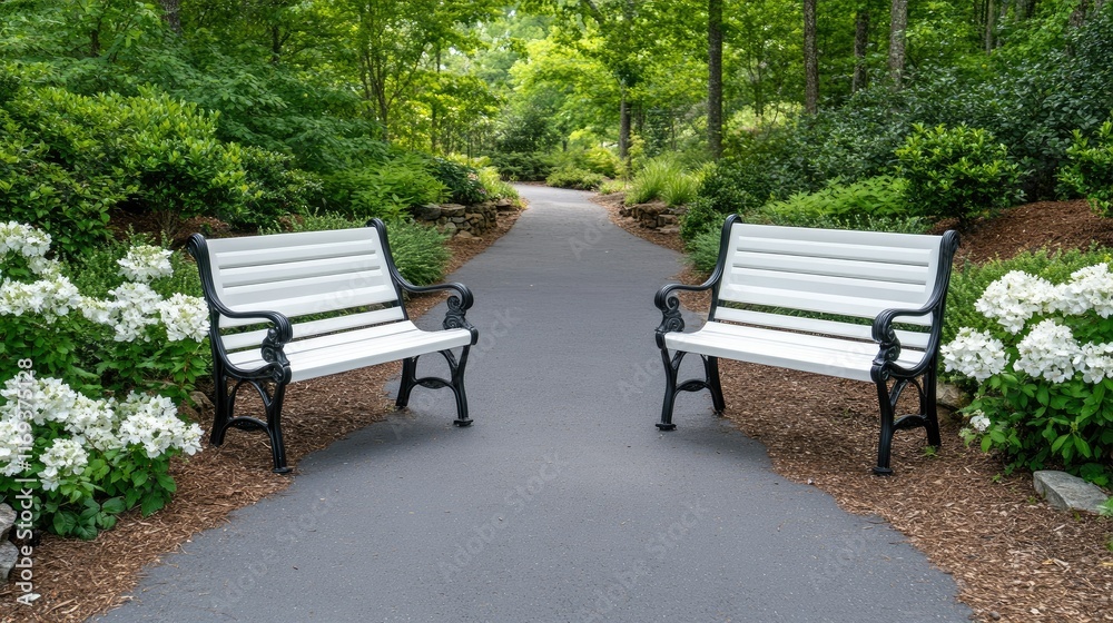 Two white benches sit in a tranquil park, each adorned with a black bag, creating a serene atmosphere among lush greenery. Two white benches sit in a tranquil park, each adorned with a black bag, creating a serene atmosphere among lush greenery.