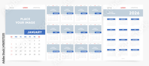 Calendar 2026, Calendar 2026 Sunday Start Corporate Editable Design Template Vector. Editable 12 Calendar Pages Designs with Logo and Picture Space.