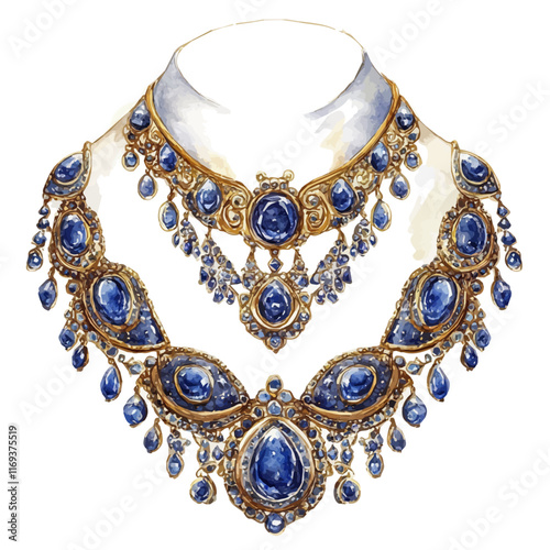 A watercolor vector painting of a luxury gold and sapphire jewelry set, isolated on a white background. Luxury gold and sapphire set vector.

