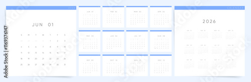 Calendar 2026, Calendar 2026 Minimalist Blue Yearly Planner Template Vector