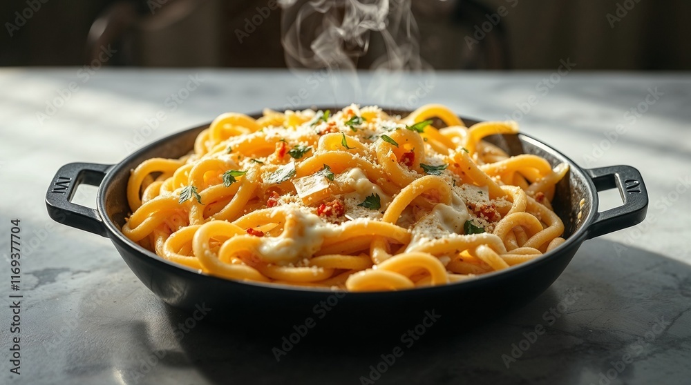 Steaming Four Cheese Pasta in a Black Cast Iron Skillet Steaming Four Cheese Pasta in a Black Cast Iron Skillet