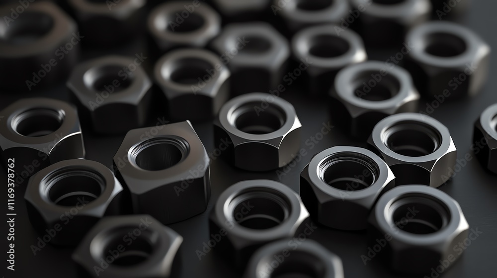 A collection of metallic nuts arranged neatly on a surface, showcasing industrial elements. A collection of metallic nuts arranged neatly on a surface, showcasing industrial elements.