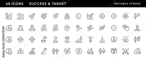 Success and target outline icon collection. Core values, productivity, vision, success, innovation, consistency, achievement, target, focus and more.