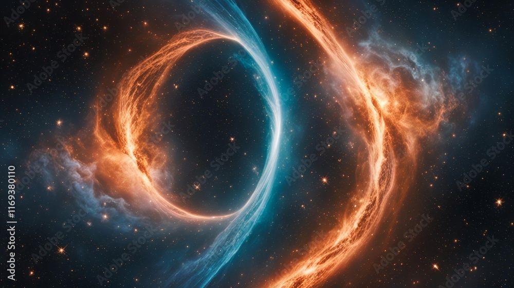 Cosmic swirl of fiery nebula and blue galaxy in deep space Cosmic swirl of fiery nebula and blue galaxy in deep space