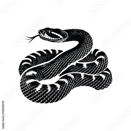 Rattlesnake coiled up silhouette vector art black color design and solid white background