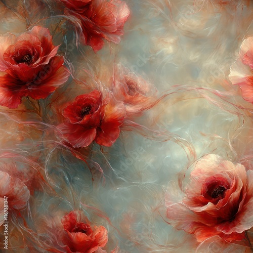 Seamless beautiful roses with dreamy smoky shapes pattern