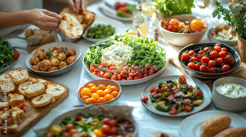 Fresh and colorful summer feast with various dishes on a sunny table Fresh and colorful summer feast with various dishes on a sunny table