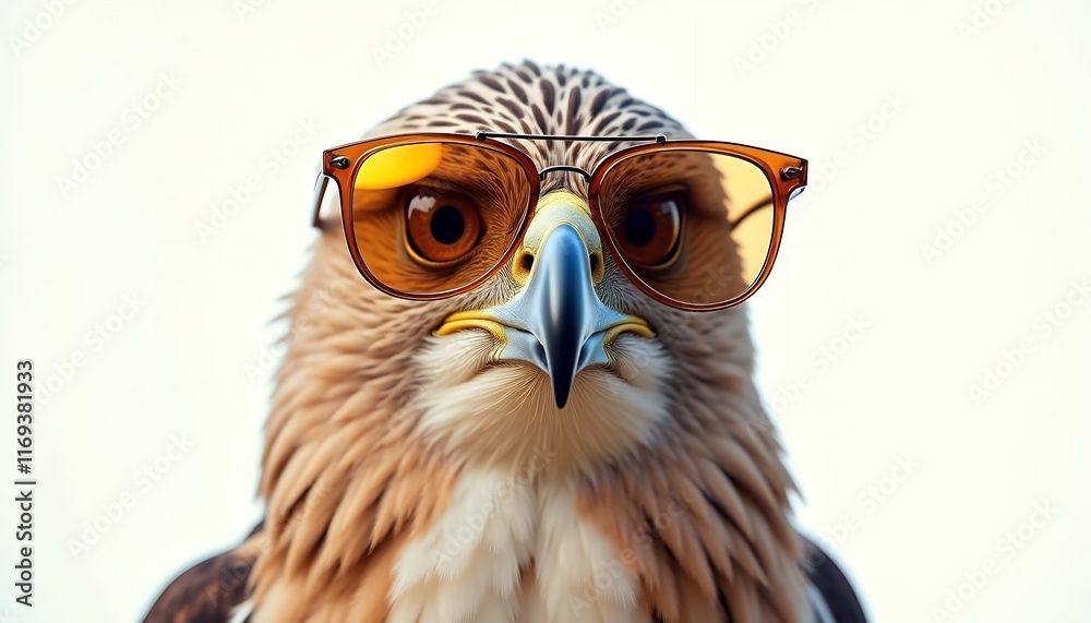 Fototapeta premium A Cool Eagle Wearing Stylish Sunglasses, Close-up Portrait of a Bird with Orange-Tinted Glasses