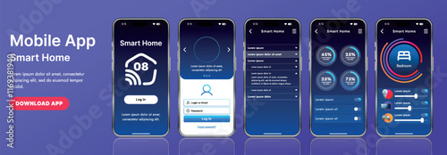 A sleek smart home application interface template featuring modern icons and a gradient design. Includes navigation menus for managing devices, monitoring security, controlling temperature