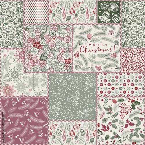 Seamless abstract colorful patchwork pattern  in Christmas style. Shabby chic. Vintage hand made quilt. Merry Christmas, Happy New Year greeting card, wrapping paper. Vector illustration