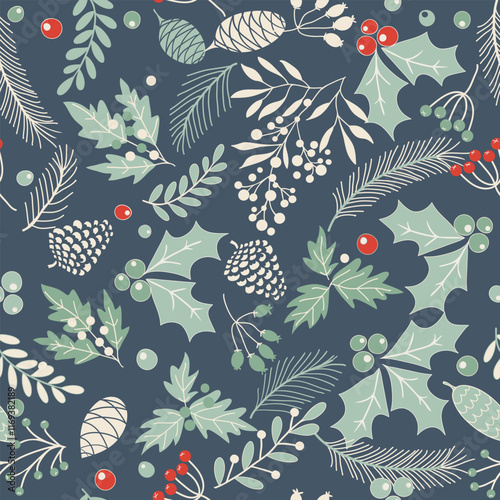 Merry Christmas, Happy New Year seamless pattern with fir cone, holly leaves and berries for greeting cards, wrapping papers. Seamless winter pattern. Vector illustration.