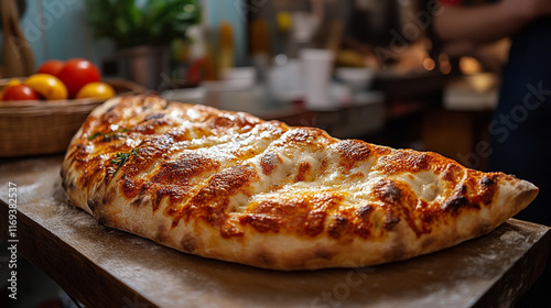 Wallpaper Mural Freshly baked calzone with melted cheese and golden crust on rustic wooden table Torontodigital.ca