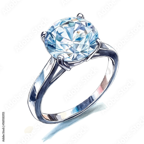 A watercolor vector painting of a luxury diamond ring, isolated on a white background. Luxury diamond ring vector.

