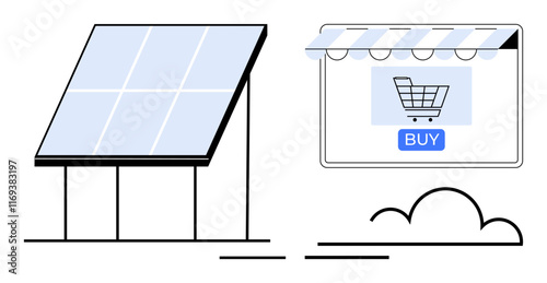 Solar panel with four cells on stand, storefront window with awning displaying cart icon and BUY button, and stylized bush. Ideal for renewable energy, e-commerce, sustainability, technology