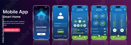 A sleek smart home application interface template featuring modern icons and a gradient design. Includes navigation menus for managing devices, monitoring security, controlling temperature