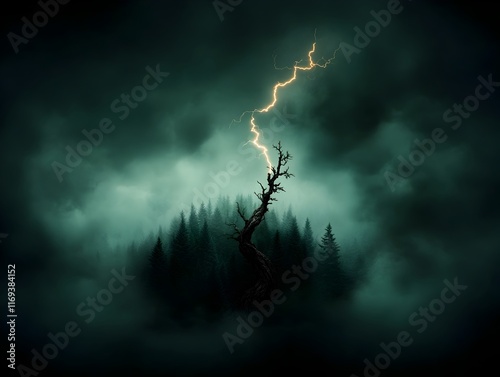 Dramatic bolt of electric lightning cracking across the ominous turbulent heavens casting an ethereal glow upon the contorted weathered bark of a twisted primordial tree amidst a dense
