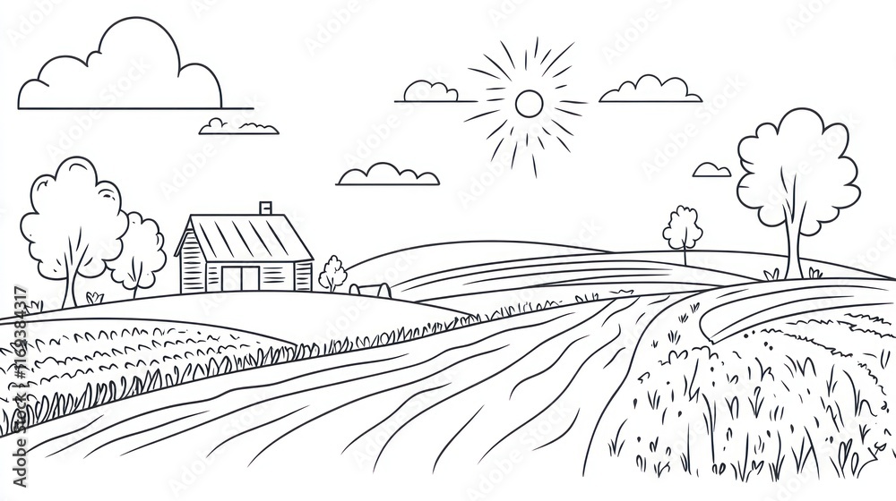 Fototapeta premium Rural Farmhouse Landscape With Rolling Hills And Sunny Sky