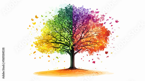 Seasonal Transformation of Tree: Spring, Summer, Fall & Winter. Transparent Tree Illustration.