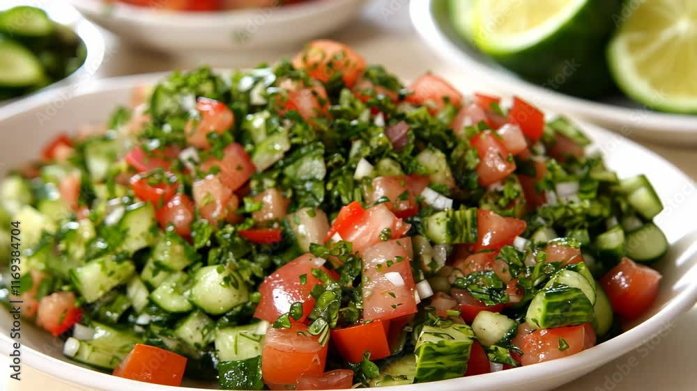 Fresh vegetable salad with tomatoes, cucumbers, and herbs served in a bowl Fresh vegetable salad with tomatoes, cucumbers, and herbs served in a bowl