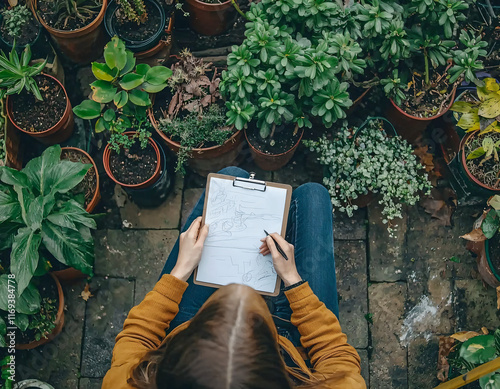 Woman sketching plants