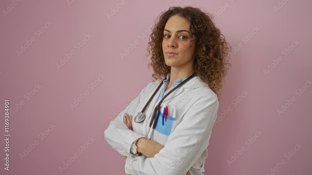 Confident woman doctor with curly hair stands with arms crossed against a pink background wearing a white coat and stethoscope. Confident woman doctor with curly hair stands with arms crossed against a pink background wearing a white coat and stethoscope.