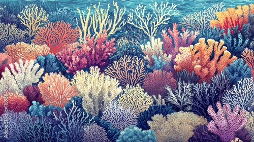 Vibrant coral reef ecosystem underwater paradise digital artwork colorful environment wide-angle view nature conservation photo