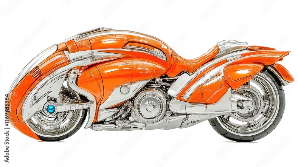 A futuristic orange and silver motorcycle perfect for high-speed chases or cruising through neon-lit cityscapes. Ideal for sci-fi films or video games. A futuristic orange and silver motorcycle perfect for high-speed chases or cruising through neon-lit cityscapes. Ideal for sci-fi films or video games.