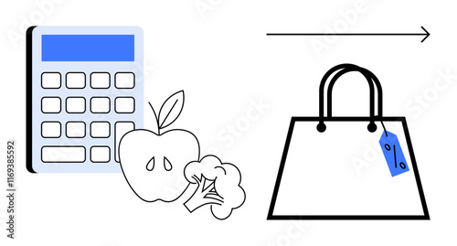 Calculator, apple, and broccoli beside shopping bag with blue price tag and right-pointing arrow. Ideal for budget planning, grocery shopping, financial planning, cost estimation, healthy living