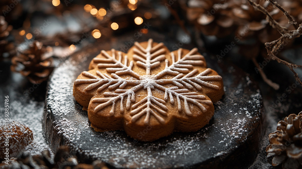 Delicious snowflake cookie decorated with powdered sugar on a festive table setting Delicious snowflake cookie decorated with powdered sugar on a festive table setting