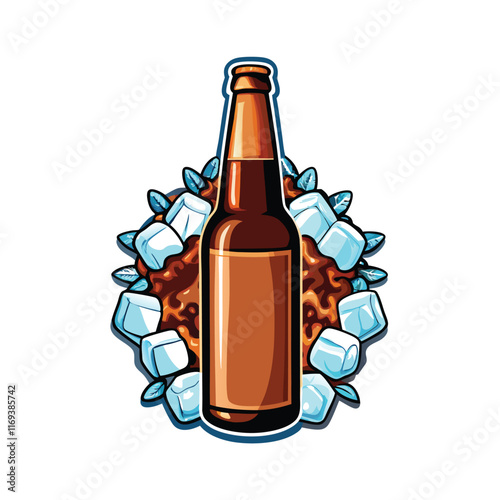 A brown glass beer bottle with a blank label surrounded by ice cubes.