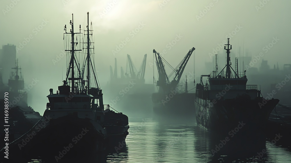 Fototapeta premium Misty harbor with ships and cranes silhouettes at dawn.