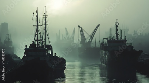 Misty harbor with ships and cranes silhouettes at dawn.